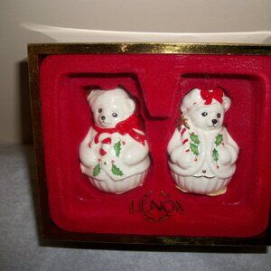Lenox Holiday TEDDY BEAR Salt & Peppers Christmas Bear Snowman NIB